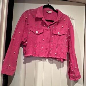 Peach Love Pink Pearl-Studded Cropped Denim Jacket Size Small